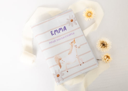 Hausaufgabenheft Hülle Einhorn gestreift personalisierbar