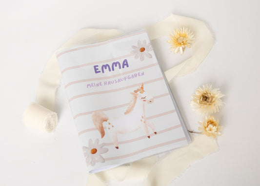 Hausaufgabenheft Hülle Einhorn gestreift personalisierbar