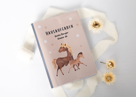 Hausaufgabenheft Hülle Pferde personalisierbar