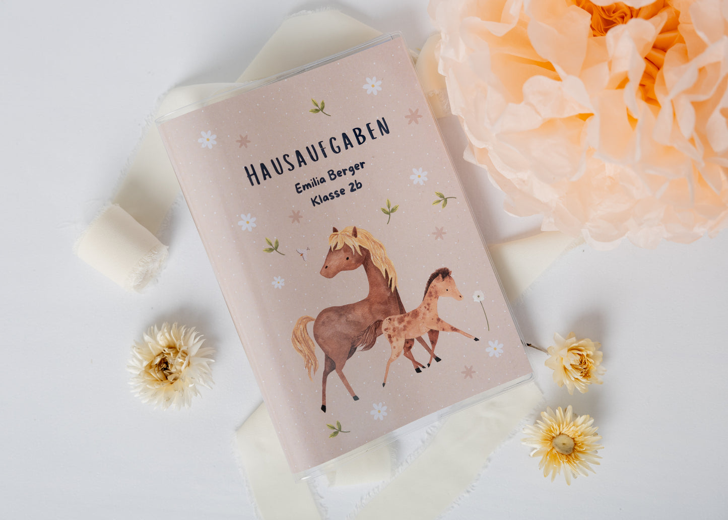 Hausaufgabenheft Hülle Pferde personalisierbar