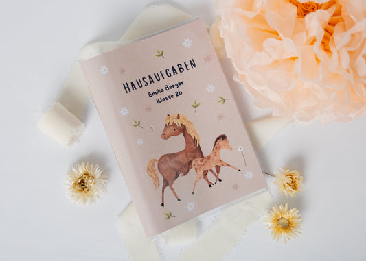 Hausaufgabenheft Hülle Pferde personalisierbar