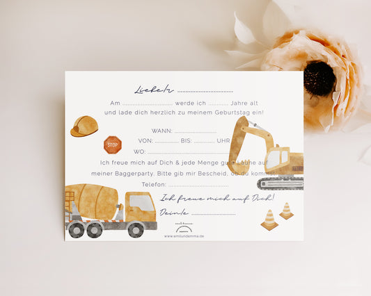 Einladungskarte Baggerparty im Set A6