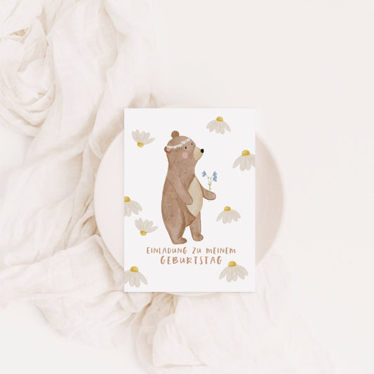 Geburtstagseinladung Bärenmädchen Gänseblümchen