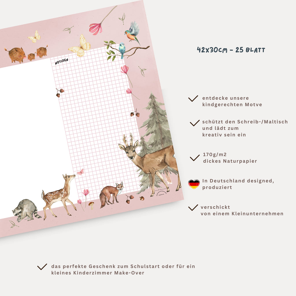 Schreibtischunterlage Waldtiere rosa