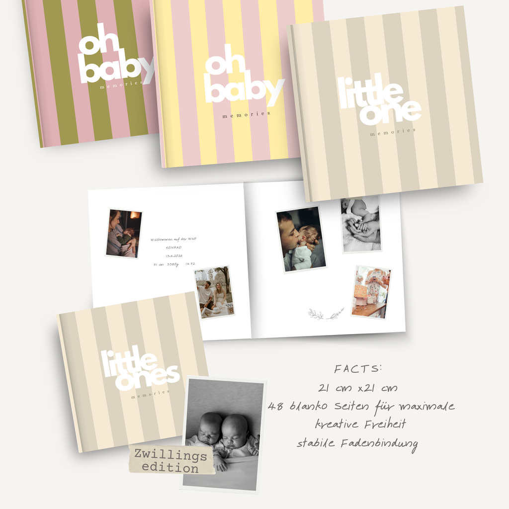 Zwillinge - Babyparty Erinnerungsbuch und Gästebuch beige stripes