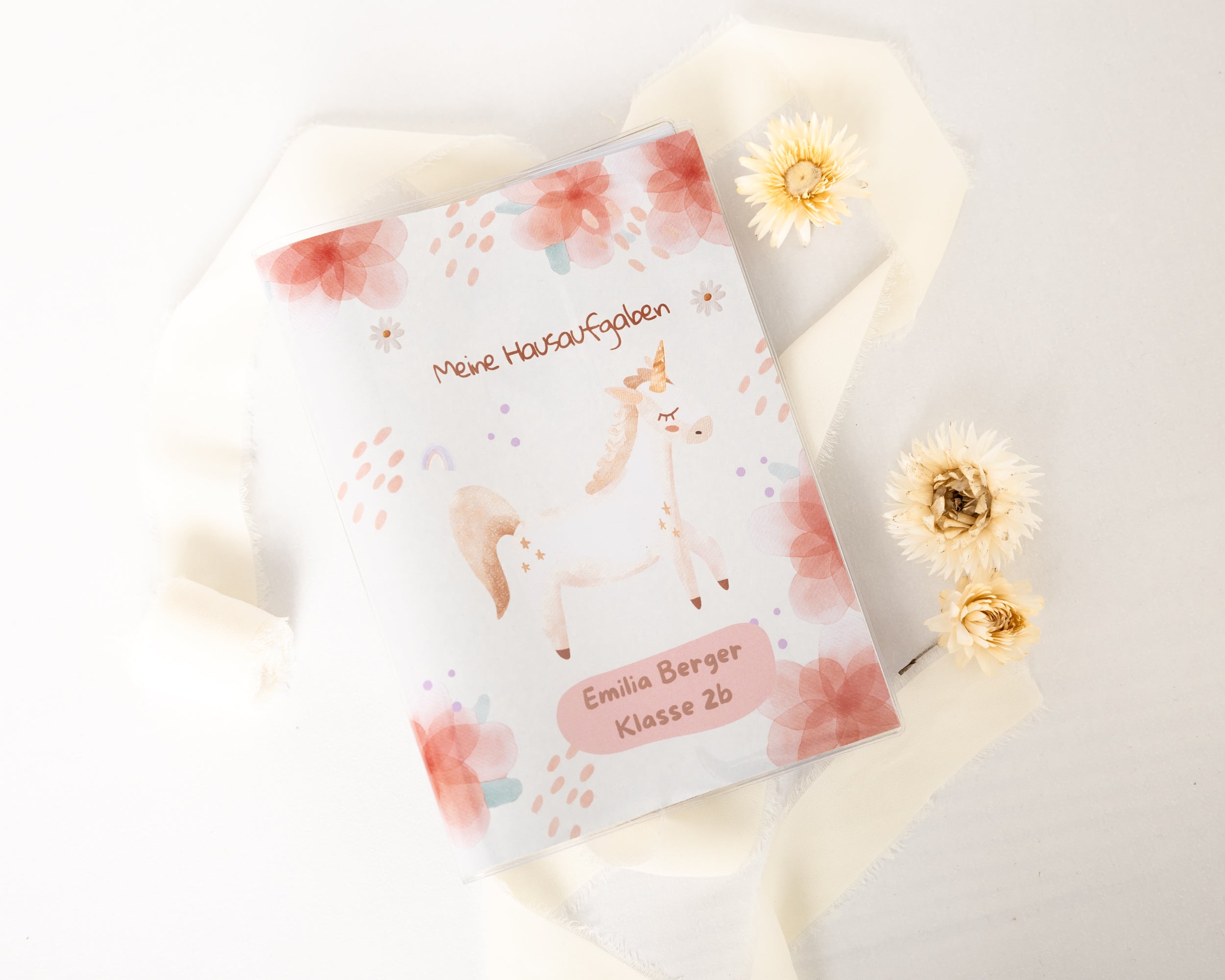 Hausaufgabenheft Hülle Einhorn Floral personalisierbar
