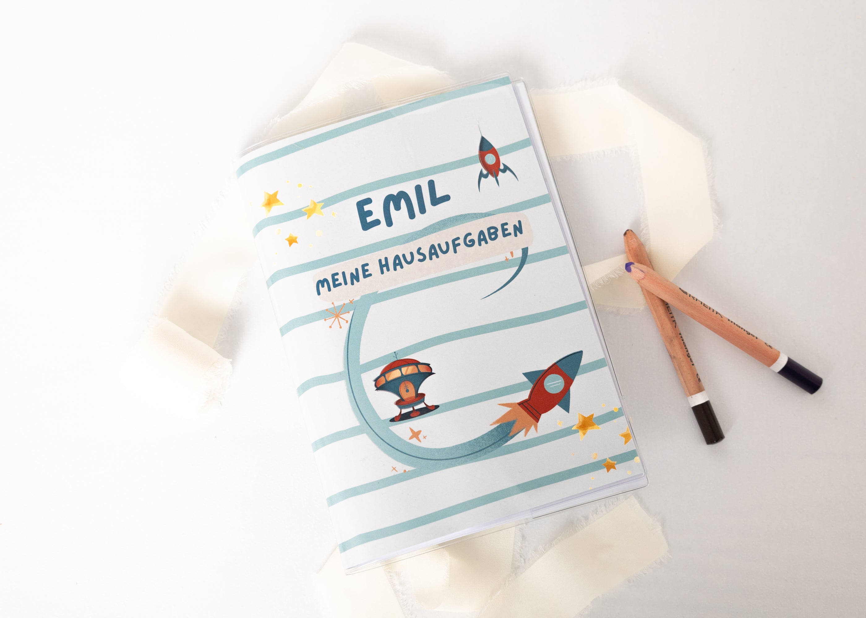 Hausaufgabenheft Hülle Weltraum personalisierbar